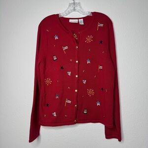 Croft &‎ Barrow Cardigan Women’s L Red Stars & Stripes Fireworks USA 4th Of July